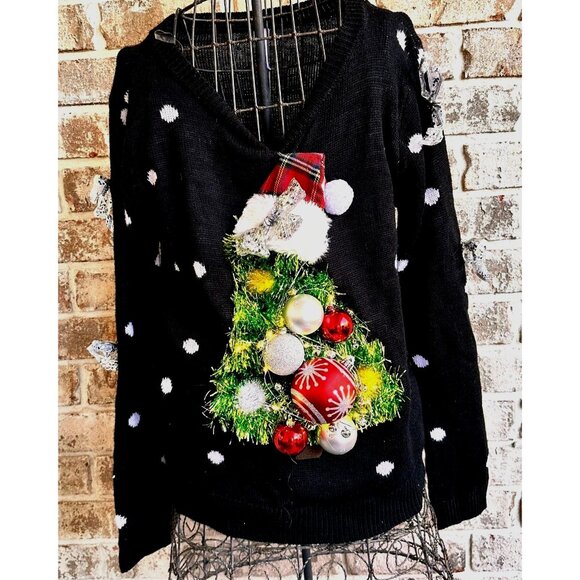 VTG No Boundaries Ugly Christmas Sweater Juniors Large Upcycled Batterie… - Picture 3 of 14